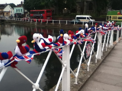 Carshalton Ponds knitted Jubilee ducks Carshalton Ponds knitted Jubilee ducks